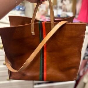 Clare V Simple Tote Chestnut Leather with red, green and black stripe.